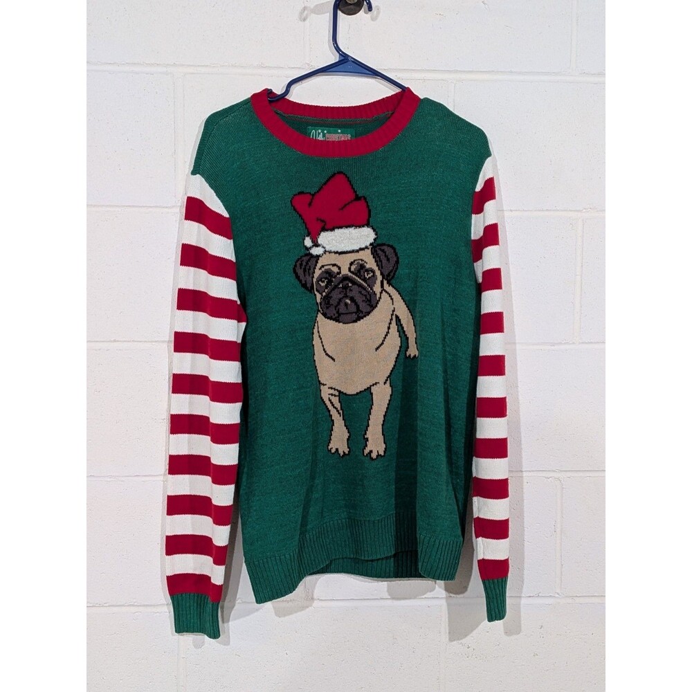 Ugly Christmas Knit Sweater Womens Size L Pug, Dog with Santa Hat Red And Green